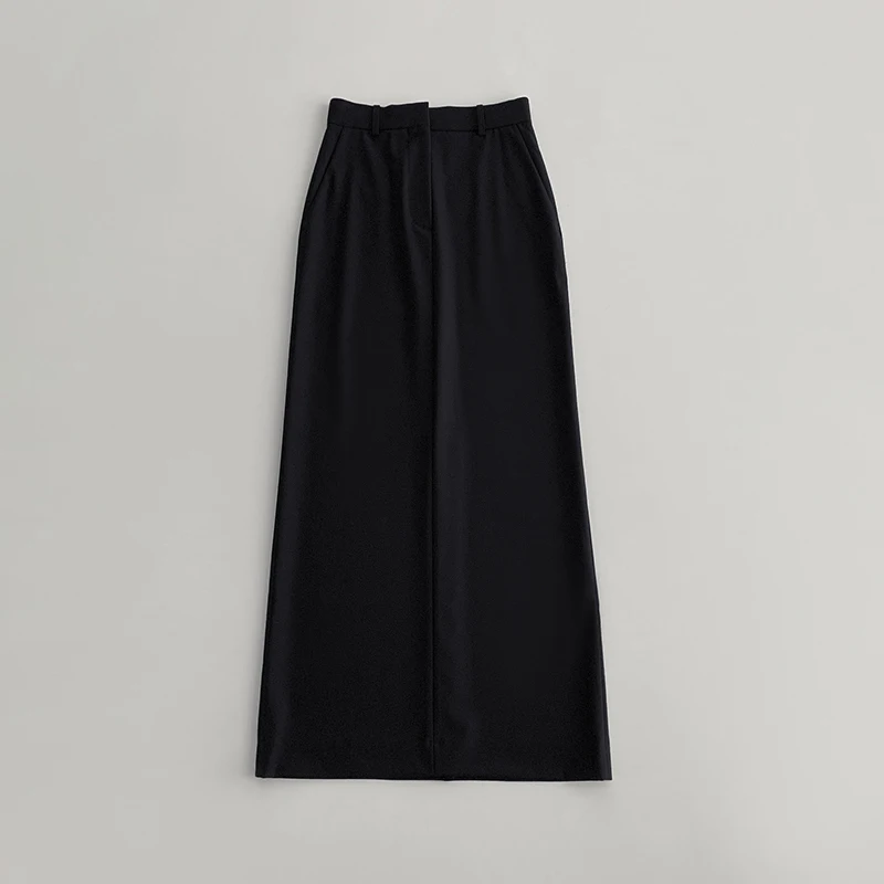 T0*te*me Women Midi Skirt Casual Wool Blended Black Winter Back-Slit Zipper-Up High Waist Vintage Office Lady Pocket