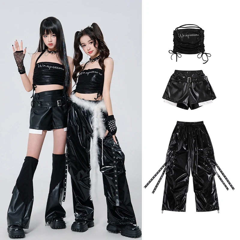 

New Cool Hip Hop K-pop Crop Tops Leather Pants Set Children Performance Outfit Kids Streetwear Wear Girl Group Jazz Set XH2644