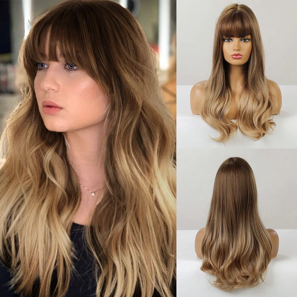 

Fanshion Brown Blonde Wig with Bangs Long Wavy Wigd for Women Daily Use Synthetic