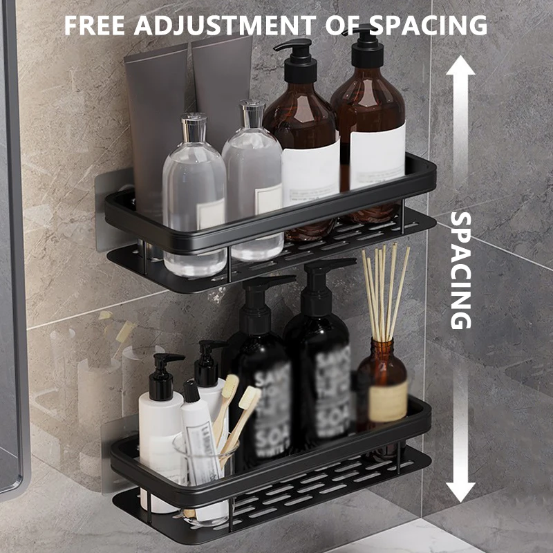 Prateleira do banheiro Sem Perfuração Adesivo Wall Mounted Rack Hanger Space Aluminium Makeup Organizer Armazenamento Praça Basket Bath Prateleiras