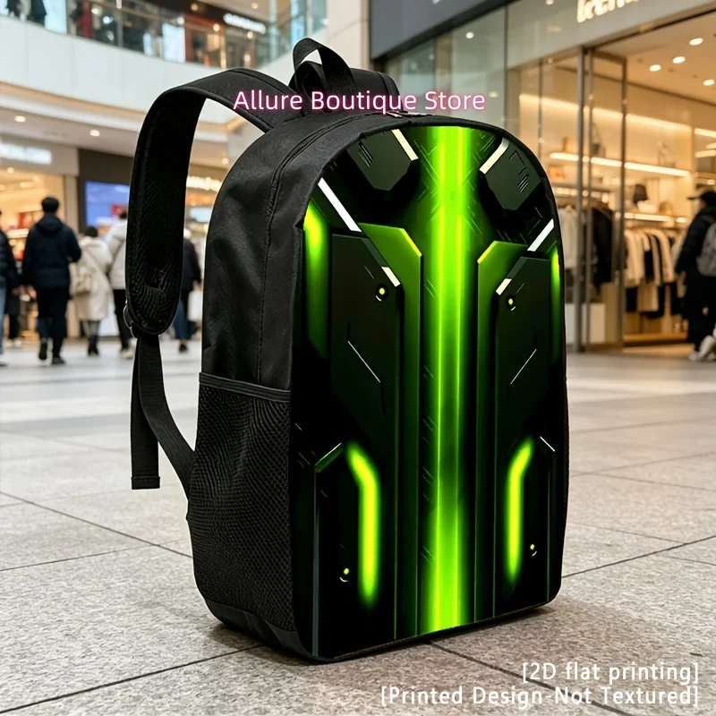 Printed Design – Not Textured 2D Flat Printing, Neon Green Sci-Fi Tech, Casual Backpack, Travel Laptop Backpack, 2D Flat Printin