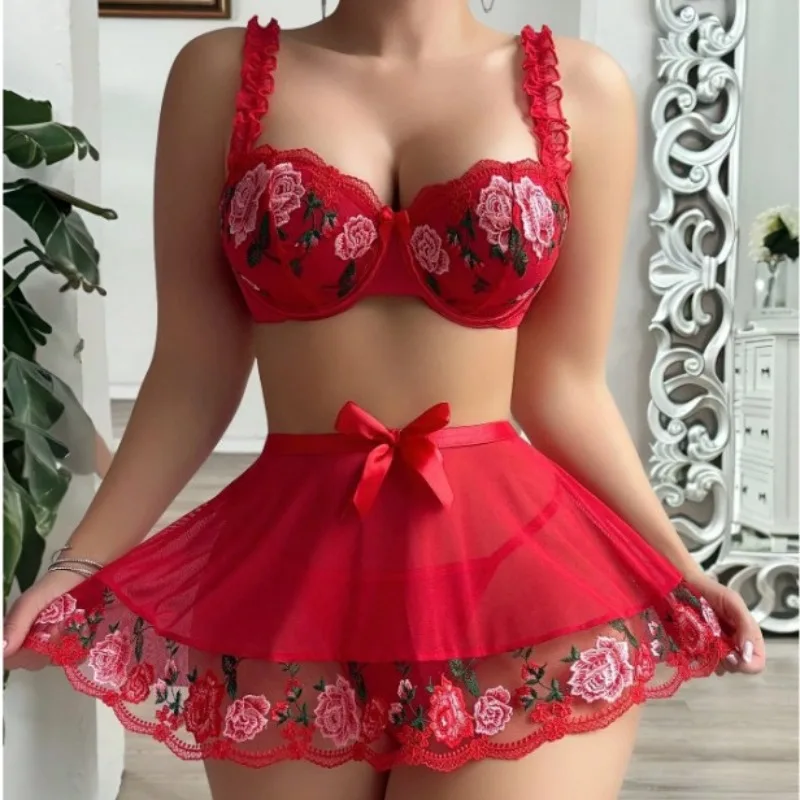 Sexy Lingerie and Sexy Short Skirt Mesh Flower Embroidery Split Bow Lingerie Set Suspender Female Underwear Short Night Dress
