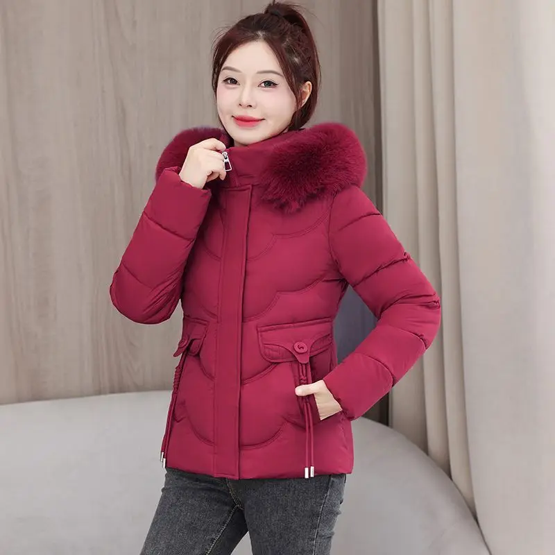 Nowy damski płaszcz slim fit z odpinanym futrzanym kołnierzem, kurtka z kapturem, bawełniana, średniej długości, krótka kurtka, zapinana na zamek, jednolity kolor, odzież wierzchnia damska.