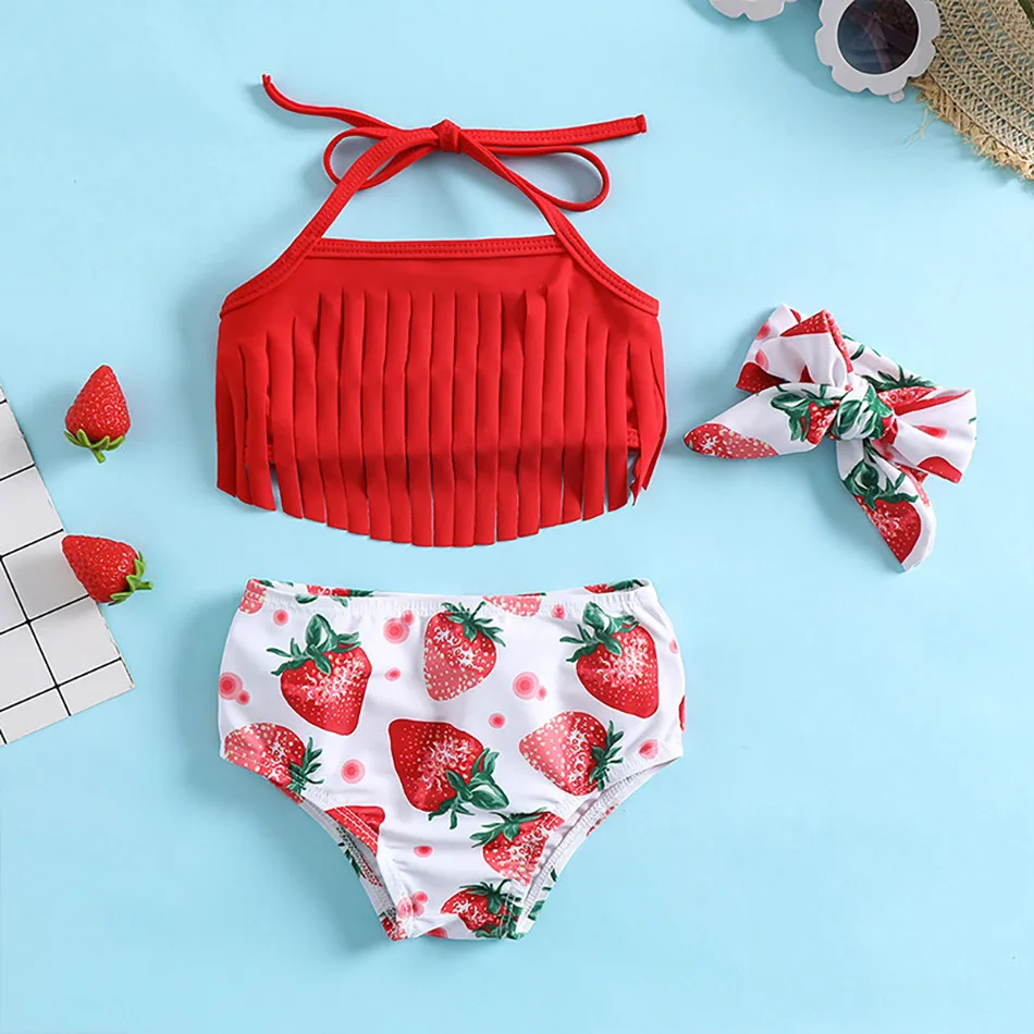 Children Quick-Dry Swimwear Baby Strawberry Pattern 3 Piece Bikini Set Girls Tassel Halter Swimsuit with Bottom and Headband