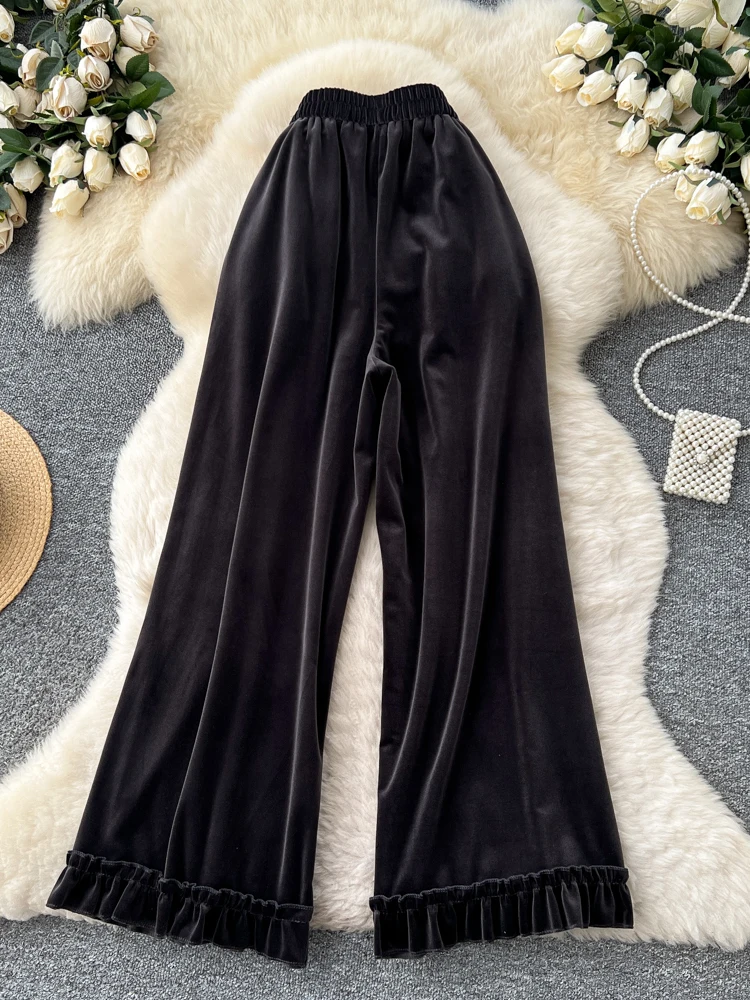 Pantalon décontracté en velours taille haute pour femmes, jambes larges, mode printemps été, épissage de pampilles, taille élastique, coupe ample, pantalon droit