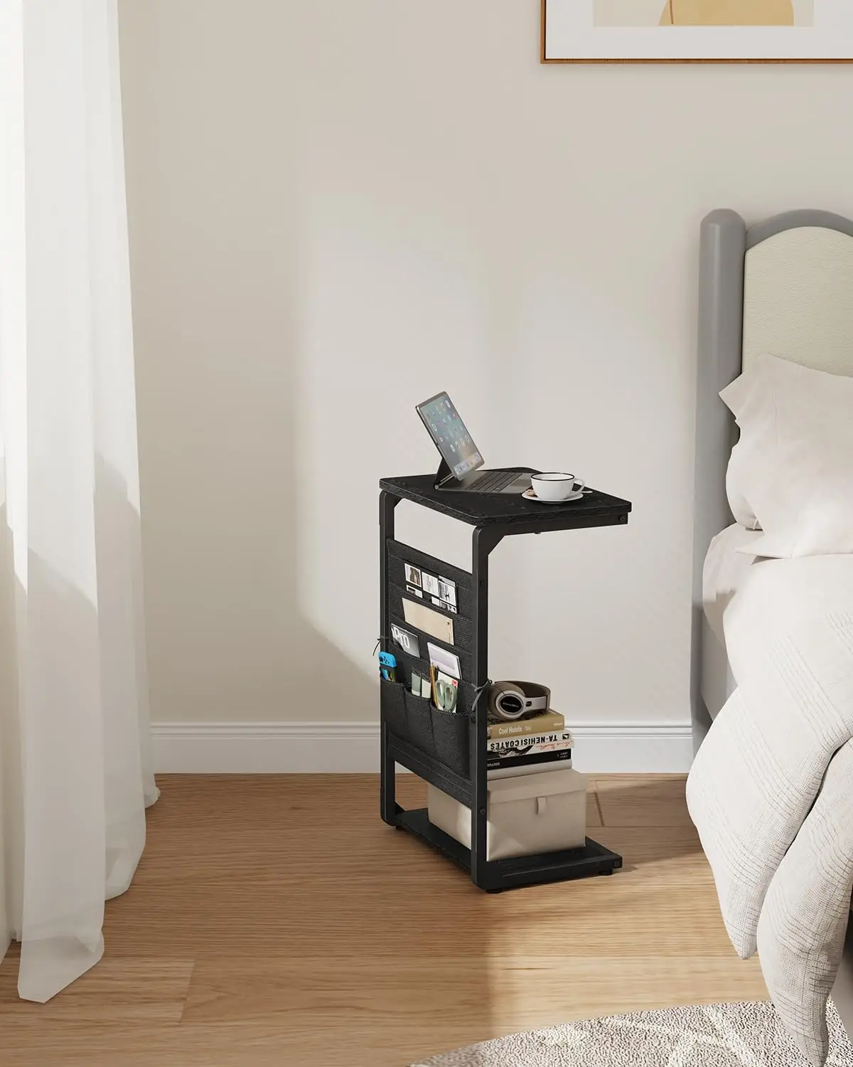 C-Shaped End Table with Storage Bag, Small Sofa Side Table for Living Room or Bedroom