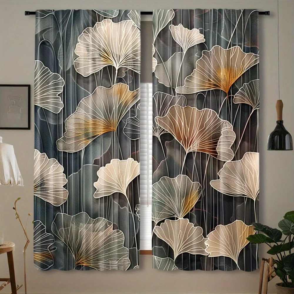Delicate Ginkgo Leaf Line Theme Curtain 2 Panels Transparent Vein Golden Gradient Base Living Room Curtain Elegant Retro Luxury