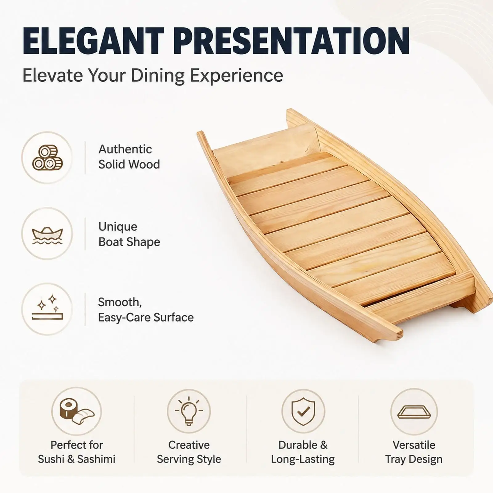 Wood Sushi Plate Boat Shape Elegant Serving Platter Luxury Plates for Japanese Dinner Party