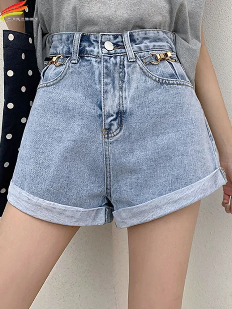 DFRCAEG Summer 2024 Denim Shorts Women High Waisted Wide Leg Loose Crimping Blue Jeans Sequined Jean Shorts Female