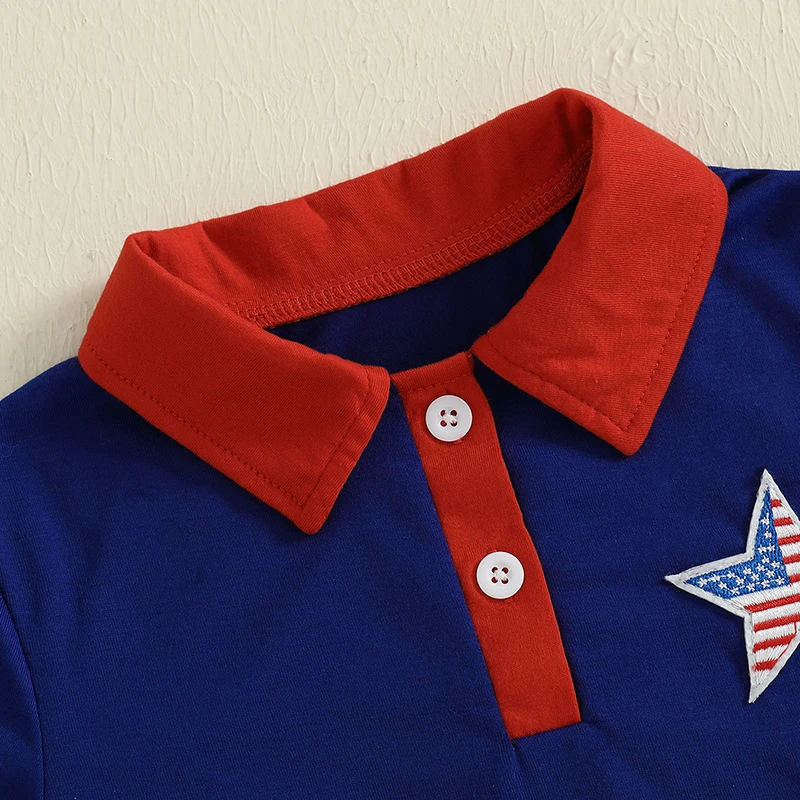 تي شيرت للأطفال الصغار في الرابع من يوليو بأكمام قصيرة وطية صدر مطرزة على شكل نجمة مع شورت منقوش بخصر مطاطي #5