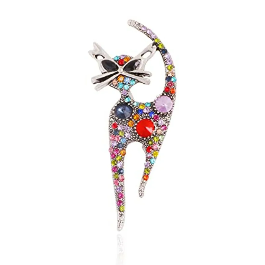 

Vintage Rhinestone Cat Brooch Pin for Women Girls Silver Plated Fashion Cute Crystals Animal Kitten Brooches Lapel Pins Dress A
