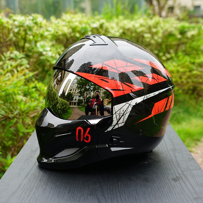 خوذة دراجة نارية على شكل جمجمة مطبوعة بشريط متسابق أحمر أنماط حروف للرجال 3 ألوان عدسات خوذة شتوية للرجال