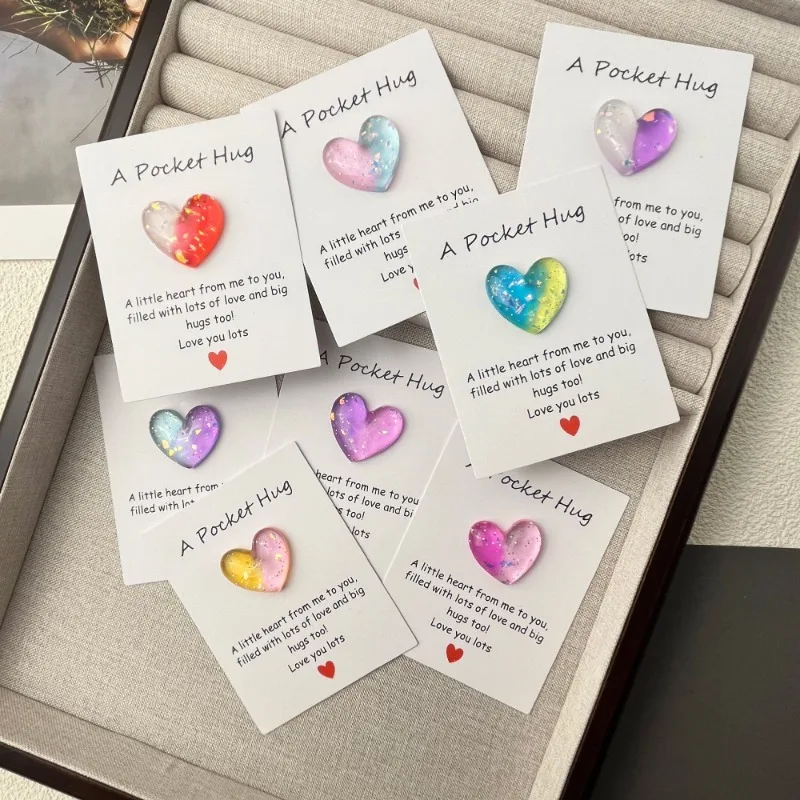 1pcs Gradient Shimmer Glitter Resin Pocket Hug Heart Card Positive Affirmation Sentimental Long Distance Comfort Gift
