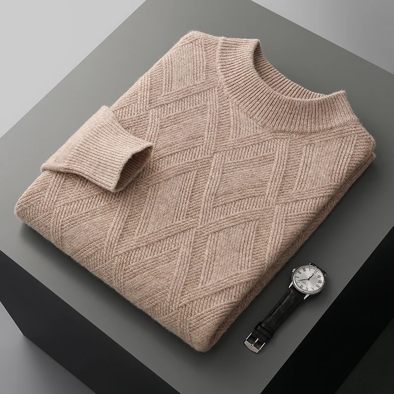 

autumn and winter New 100% merino wool cashmere sweater men's semi-high neck thick pullover sweater loose knit bottoming shirt