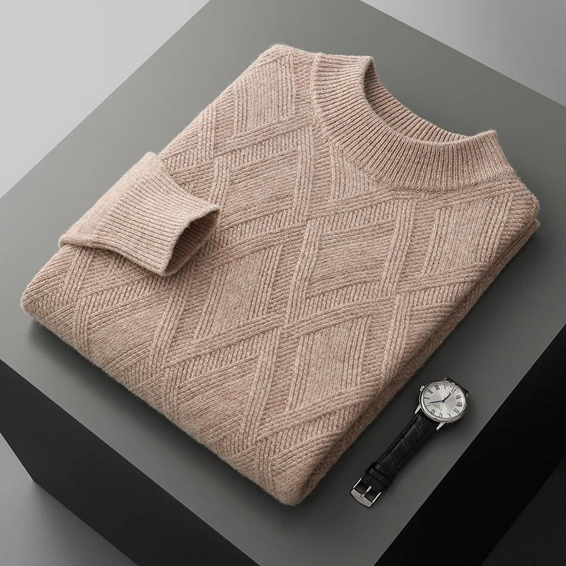 autumn and winter New 100% merino wool cashmere sweater men's semi-high neck thick pullover sweater loose knit bottoming shirt