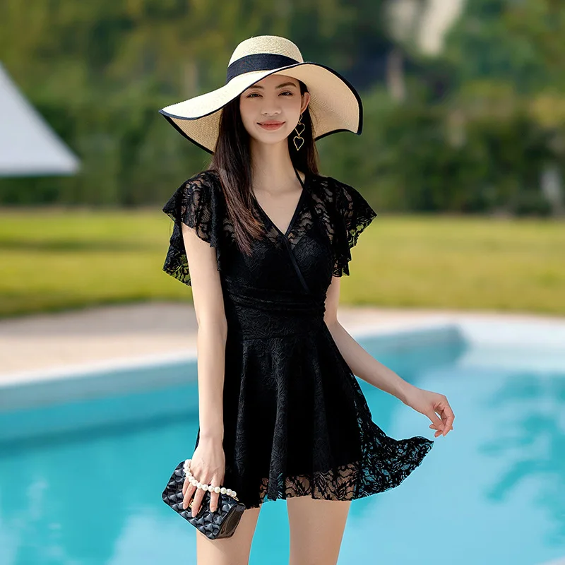 wisuwore 2023 Newest Swimsuit Women One Piece Bathing Suit Flouching Sexy Korean Style Swimwear Padded V-Neck Swim Dress