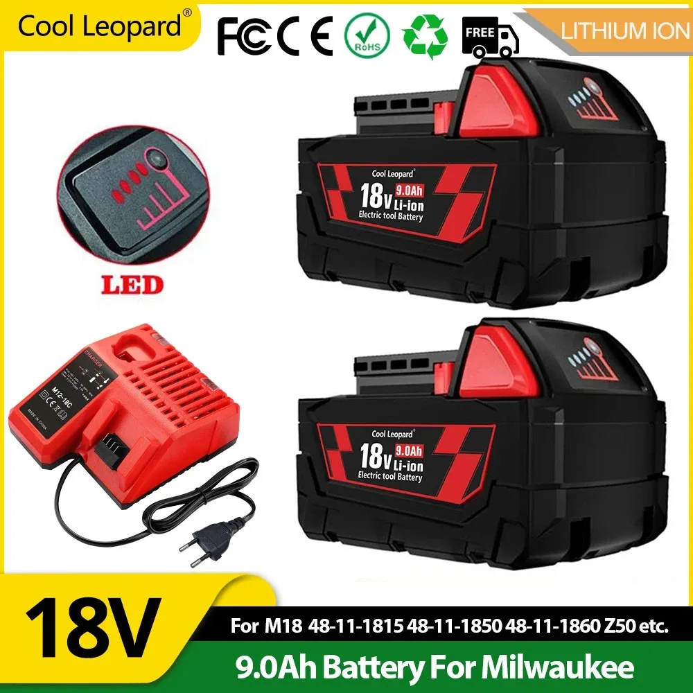 

6.0Ah 18V For Milwaukee M18 Battery M18B6 XC 9.0Ah Li-Ion 48-11-1860 48-11-1852 48-11-1850 48-11-1840 Power Tool Battery+Charger