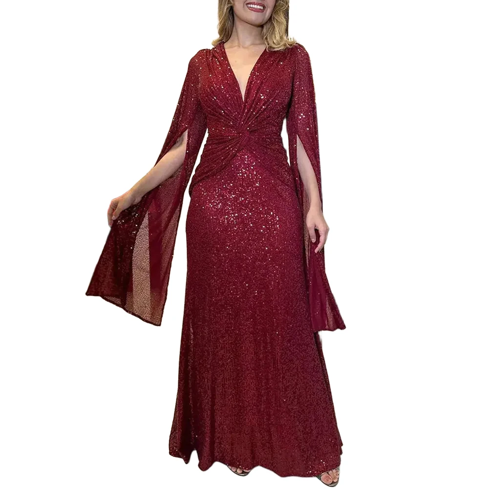 Deep V Neck Maxi Dress for Women with Long Draped Sleeves and Sequin Embellishments Suitable for Formal Events