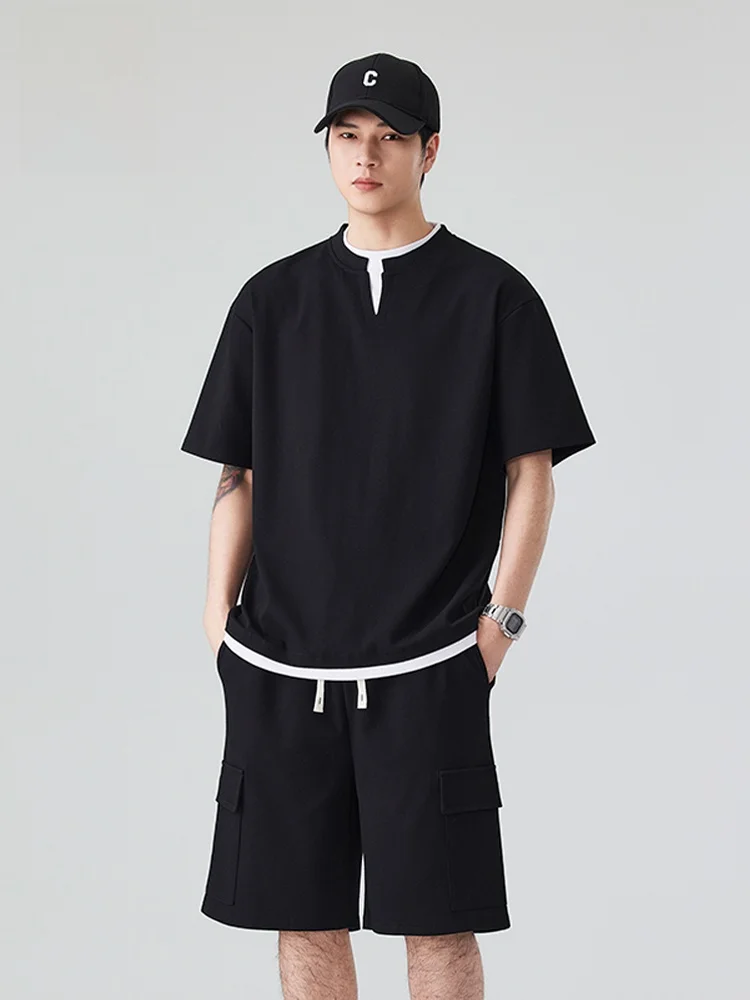 ensemble-de-vetements-de-sport-decontractes-d'ete-jeanswest-pour-hommes-t-shirt-a-manches-courtes-a-col-en-v-et-short-tenue-deux-pieces-en-fibre-de-polyester