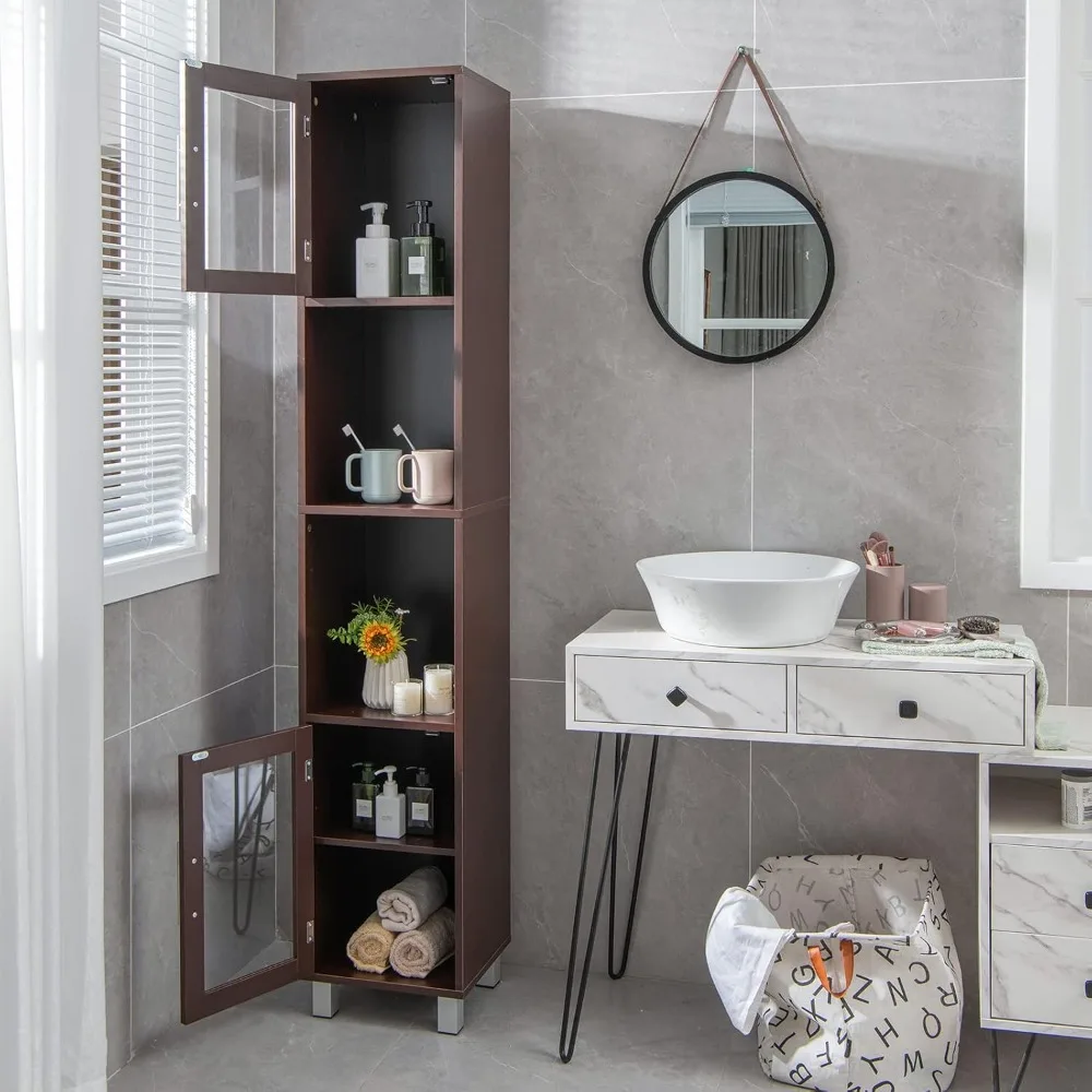 Tall Bathroom Cabinet, Home Living Room Wood Storage Cabinet Free Standing w/ 4 Shelves and 2 Glass-Paneled Doors