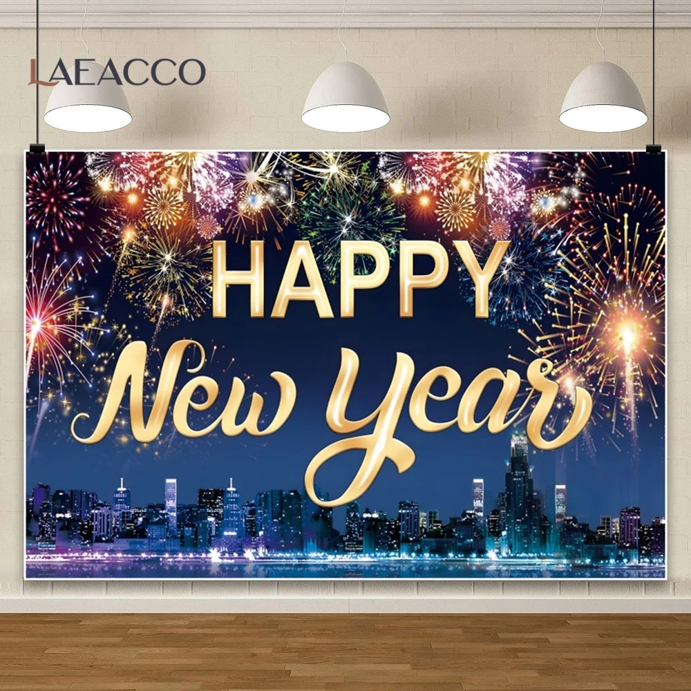 2025 New Year's Eve Family Party Photography Background City Night Blooming Fireworks Clock Countdown Pattern Banner Backdrops