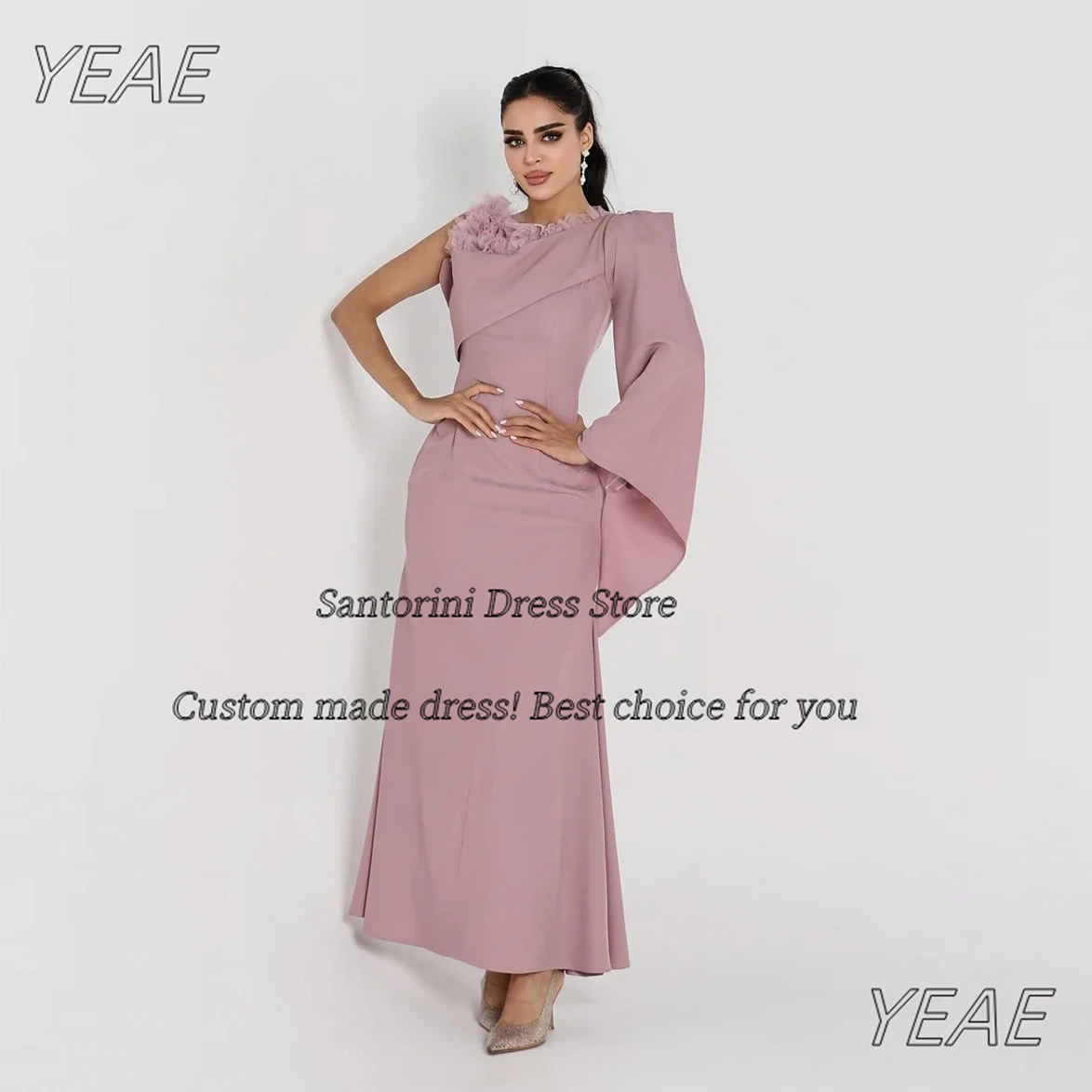 

Santorini Customized Ruffles O-Neck Prom Dresses One Shoulder Long Sleeve Evening Party Dress Ankle Length Vestidos Des Noche