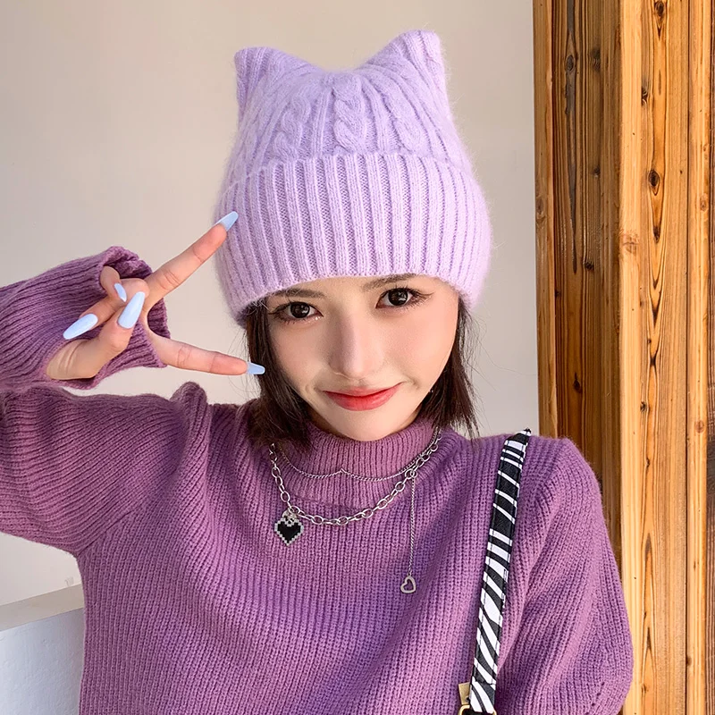 New Cute Cat Ears Y2k Knitted Hat for Women Winter Warm Soft Rabbit Fur Beanies Female Outdoors Ski Cap Woman Skullies Beanies