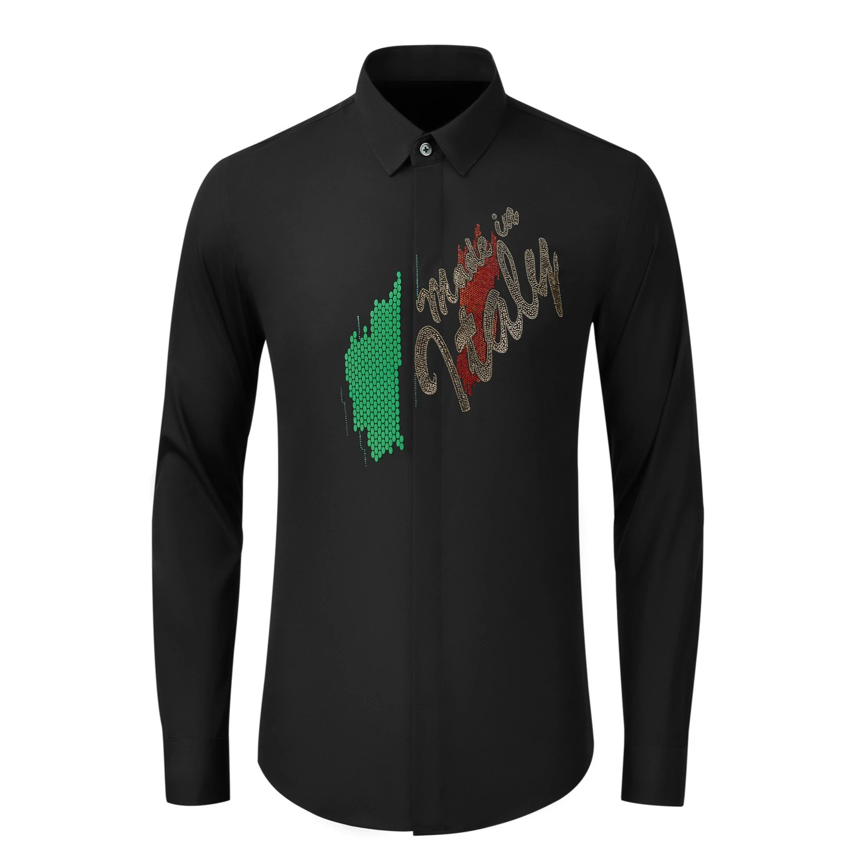 

Luxury Letter Rhinestone Long Sleeved Shirt Men Cotton Slim Fit Casual Shirts Social Banquet Party Stage Performance Costumes