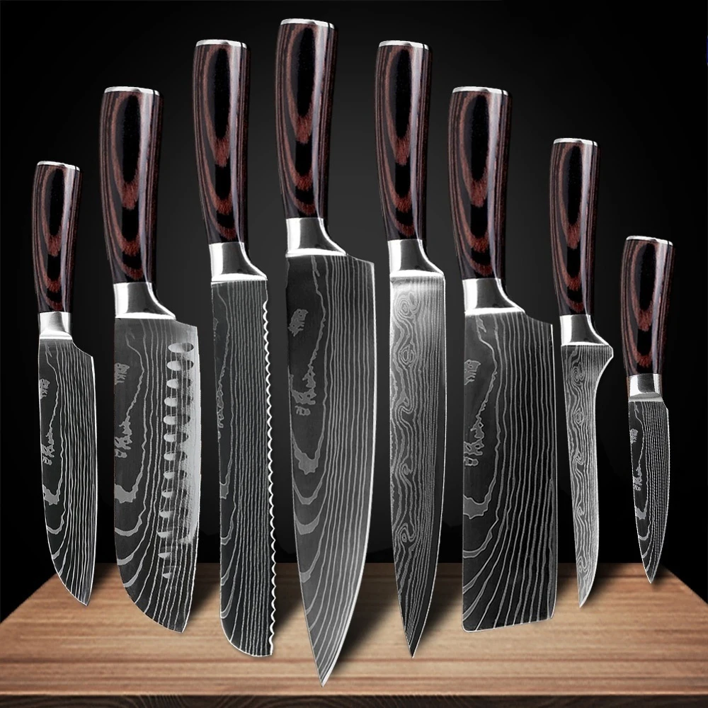 Professionelle Laser Damaskus Messer Schneiden Fleisch Obst Fisch Brot Metzger Ausbeinmesser Chef BBQ Hackmesser Holzgriff Küchenmesser