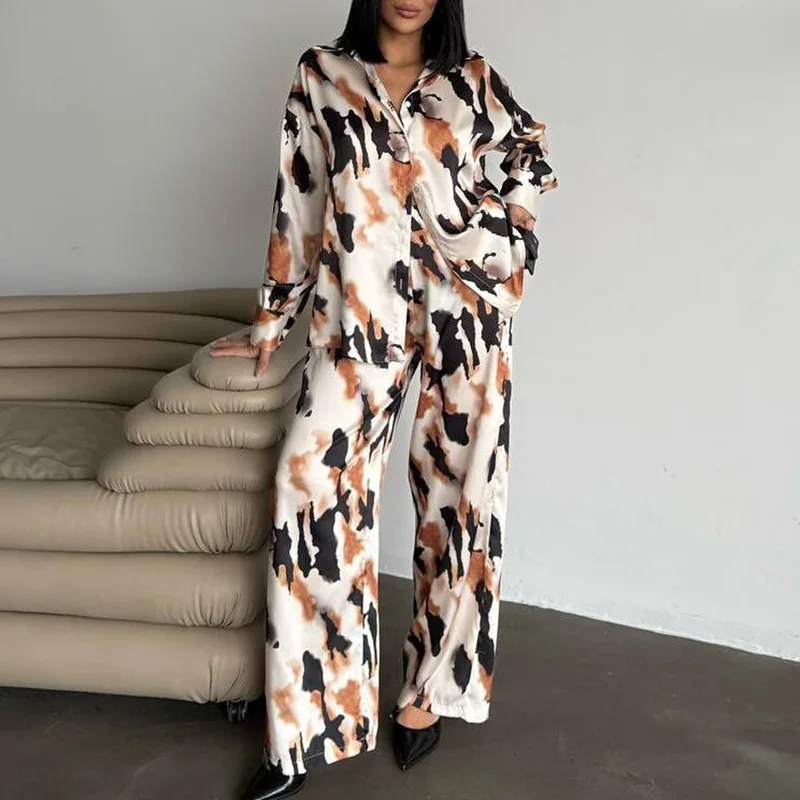 

Elegant Lapel Button Shirt & Long Pant Set Women Casual Long SLeeve Pocket Loose Outfits Office Fashion Commuter Two Piece Suit