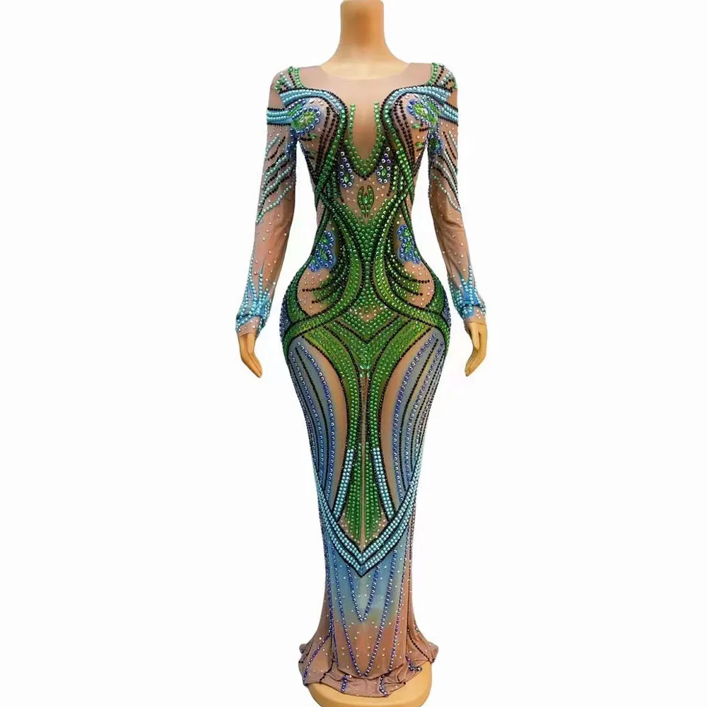 Sexy funkelnde blaue Perlen grüne Strass steine nacktes transparentes Kleid Geburtstag feiern Kostüm Abend Tanz Performance Kleider