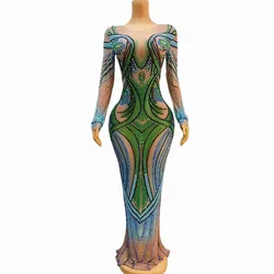Sexy Sparkly Blue Pearls Green Rhinestones Nude Transparent Dress Birthday Celebrate Costume Evening Dance Performance Gowns