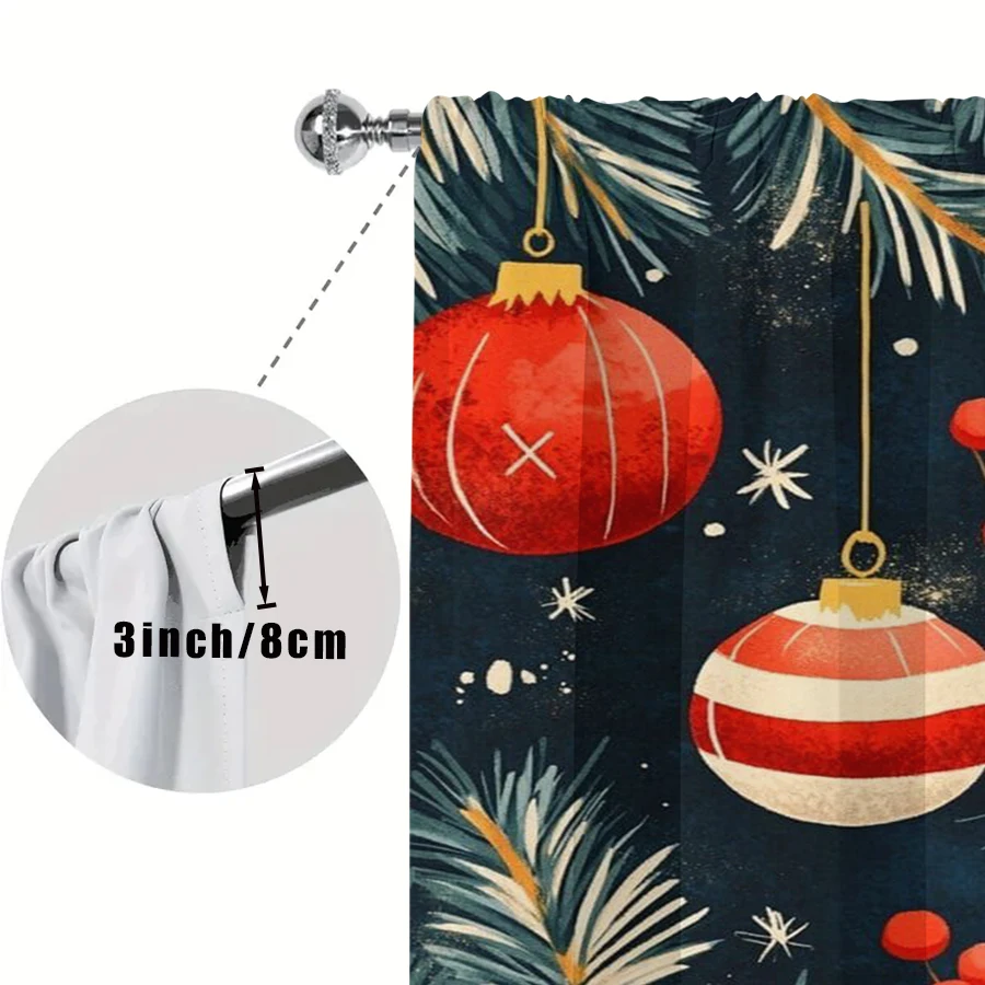 2PCS Dark Blue Watercolor Christmas Ball Curtains, Pine Branch Red Berry Winter Holiday Window Drapes for Bedroom Decor
