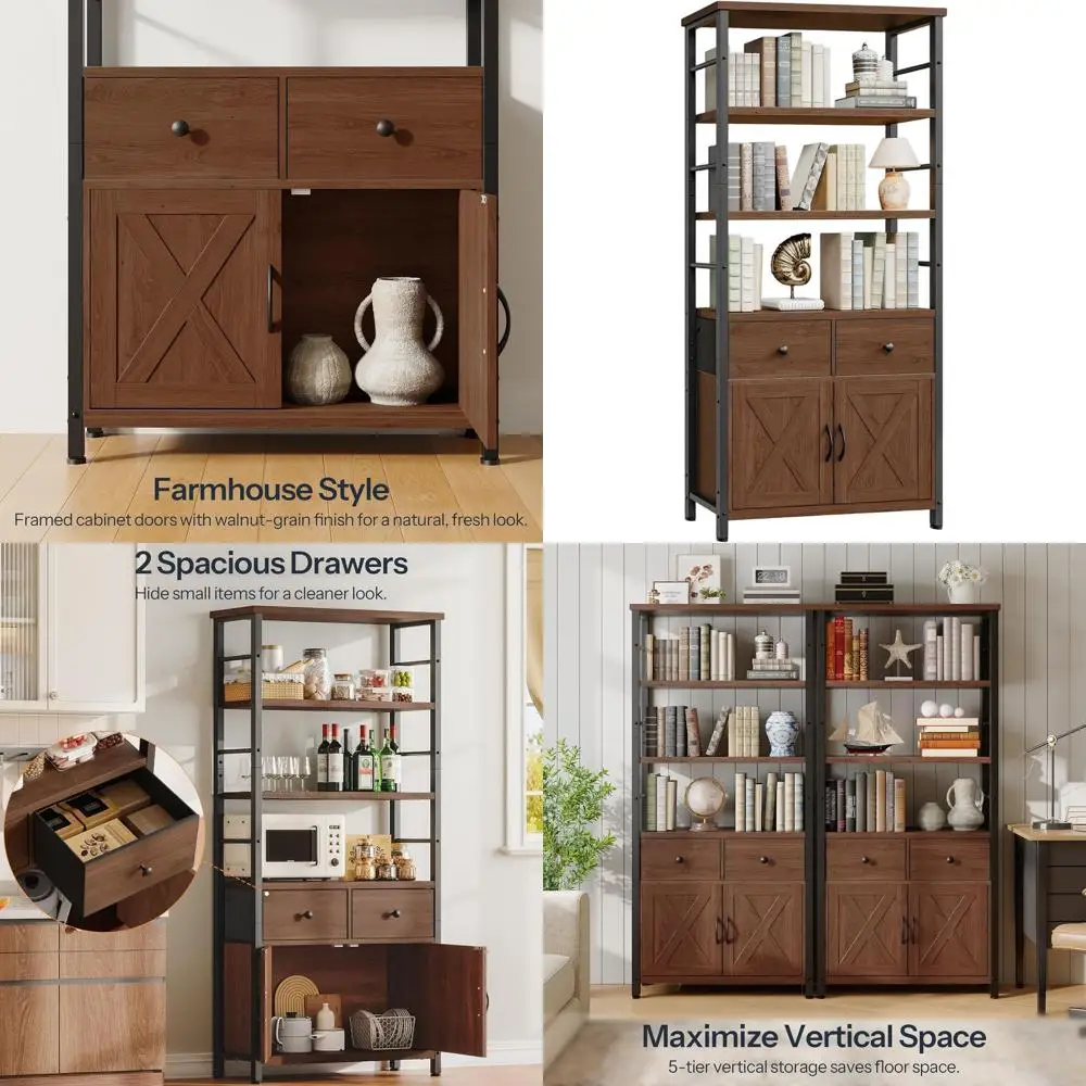 

Промышленный книжный шкаф из орехового дерева в деревенском стиле с дверцами и ящиками, стеллаж для хранения для дома, офиса, столовой, BH75SJ01