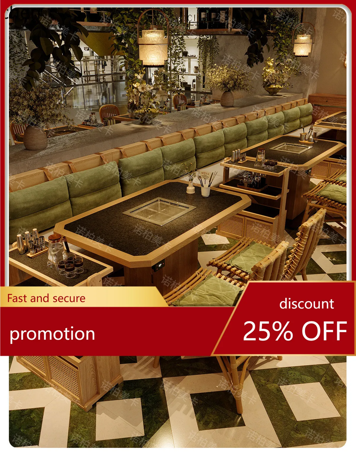 HXL Hot Pot Table with Integrated Induction Cooker for Western Restaurant Commercial Use, Stone and Solid Wood Table