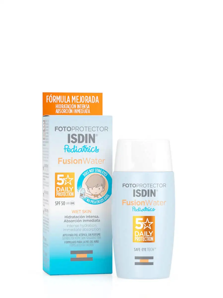 Isdin pediatrics photoprotector fusion water spf50 50ml - No itchy eyes, suitable for atopic skin. Wet skin.