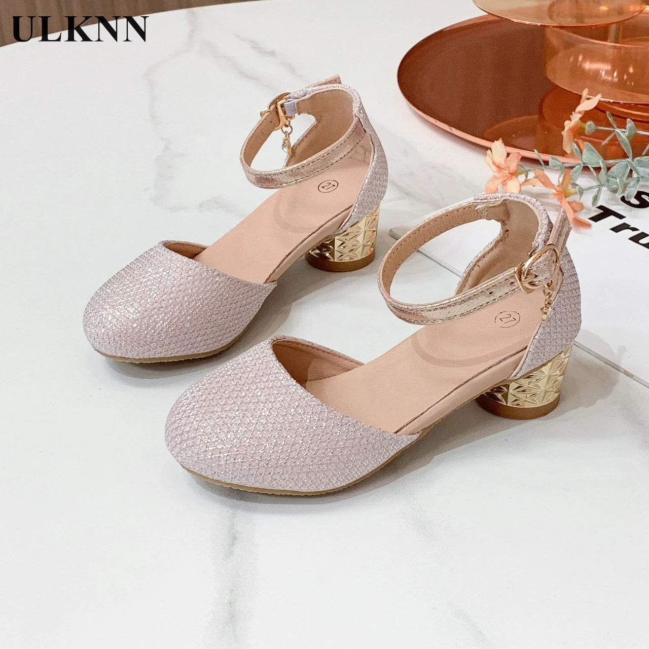 

Children's High Heels Silver Performance Shoes Elementary School Pink Stage Performance Shoes Hollow Shallow Buckle Sandals