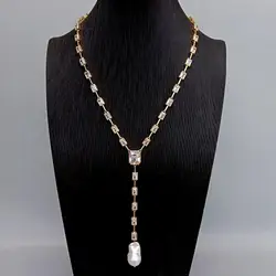 Y·YING Rectangle Cut Clear Cubic Zirconia Cultured White Keshi Pearl Women Wedding Party Necklace Jewelry For Brides Accessories