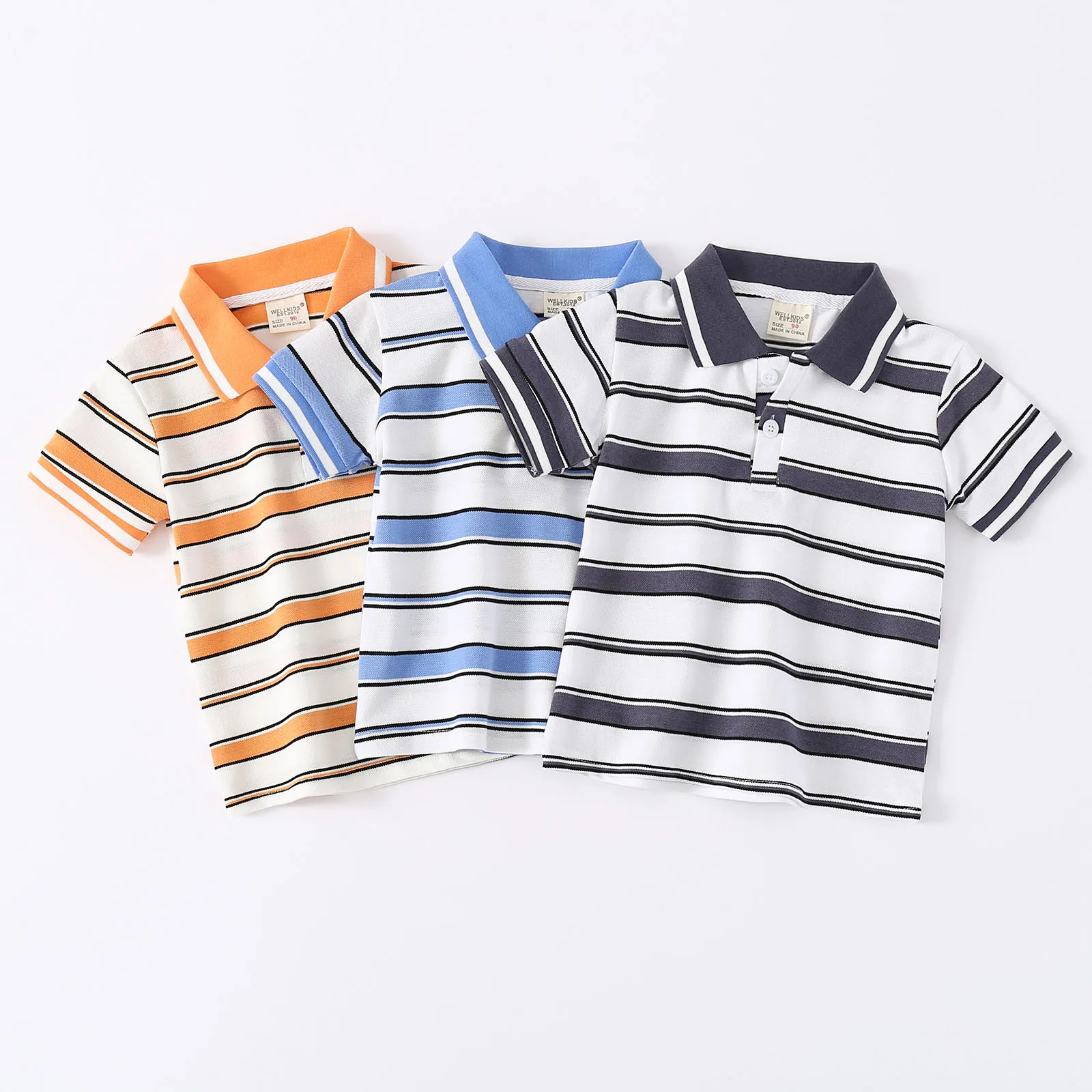 2022 New Baby Boys Short Sleeve Shirt Summer Casual T-shirt Turndown Striped Button Closure Top for Daily Wear Beach Vacation