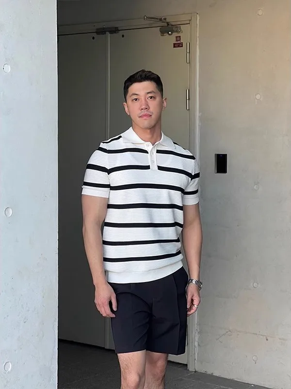 

Мужской трикотажный одяг для взрослых, летний ледяной шелк f Sve, приталенный крой в полоску V Ne, модный молодежный повседневный ort Sve