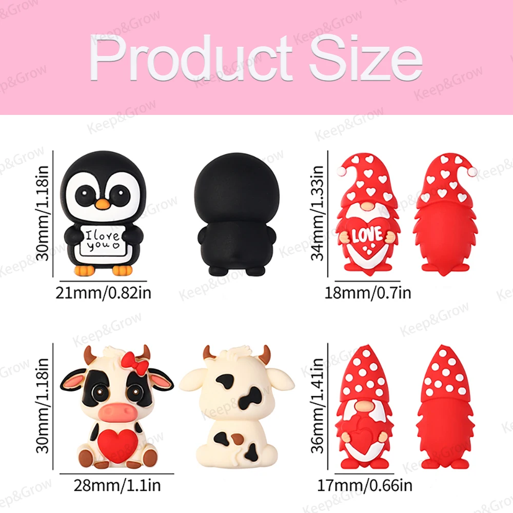 5/20/50 قطعة موضوع عيد الحب ثلاثية الأبعاد سيليكون الخرز القلب البقرة جنوم البطريق البؤري الخرز لصنع المجوهرات لتقوم بها بنفسك زوجين مجموعة لطيف