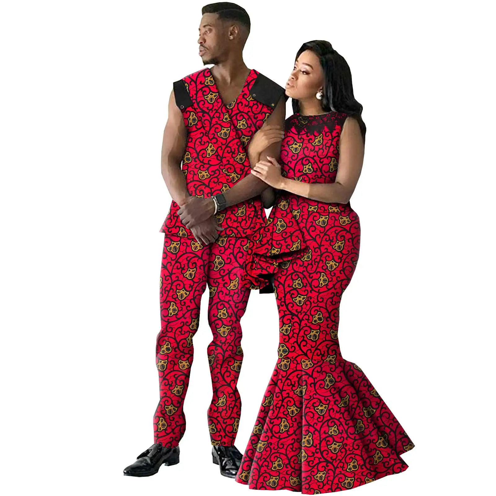 Roupas africanas para casais, roupas dashiki, mulheres, estampa sereia, vestidos longos, combinando, masculino, conjuntos de top e calça, bazin rico a21c001