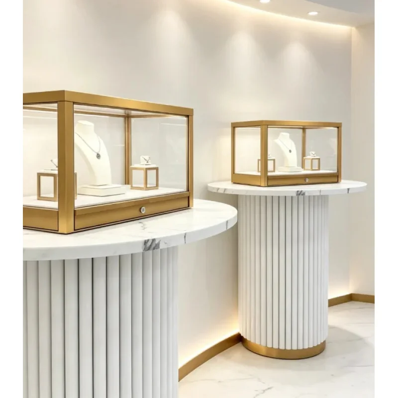 custom.Ring Lock Led Metal Marble White Gold Counter Top Glass Lighted Jewelry Showcases Display
