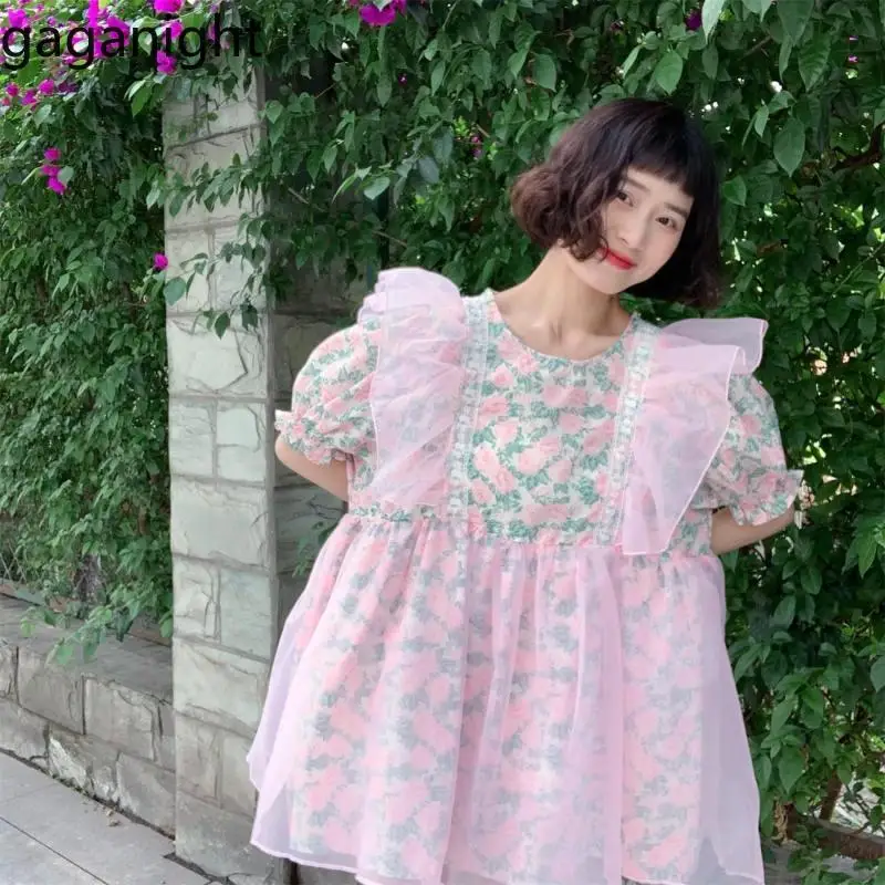 Gaganight Women Pink O neck Floral Printed Flying Sleeve Puffy Dress 2024 Summer New Sweet Fairy Short Dresses Female Vestidos