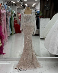 Vintage Crystals Evening Dresses With Long Sleeves Square Neckline Wedding Party Dresses Mermaid Robes De Soirée Customized