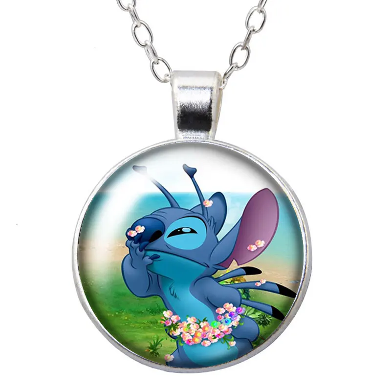 Disney Cartoon Cute Stitch Lilo Round Photo Glass cabochon collana con ciondolo placcato argento catena di gioielli regalo da 60cm