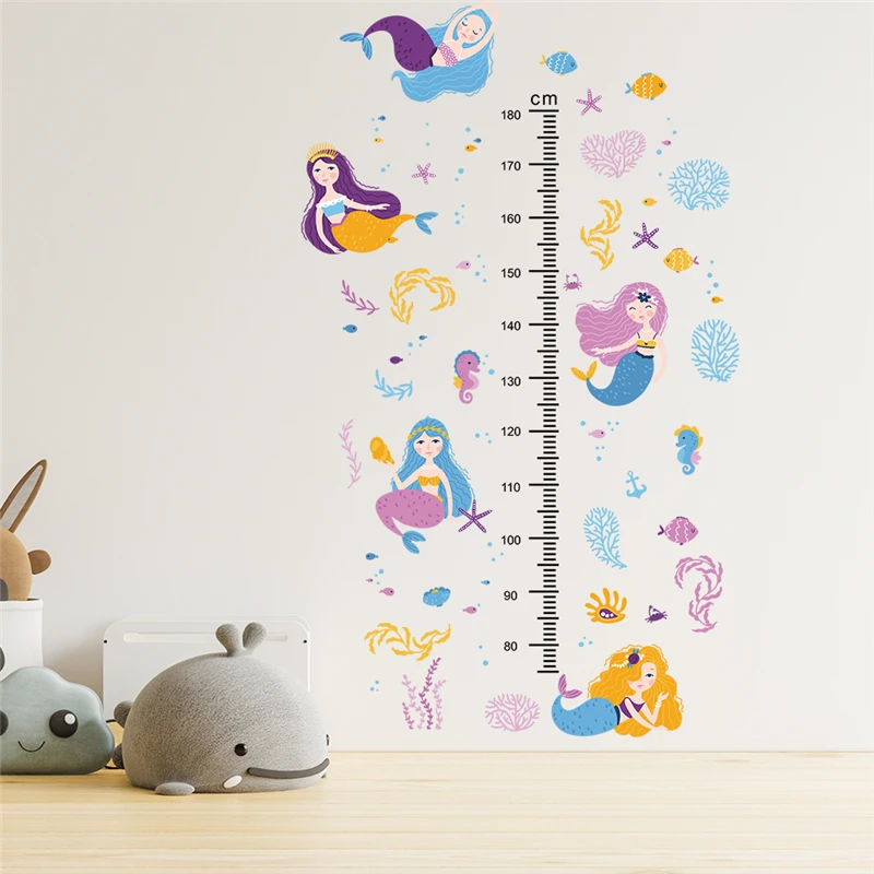 

Cartoon Mermaid Swimming Fish Wall Stickers For Measuring Height Kids Room Bathroom Decoration Pvc Mural Art Home Decals Poster