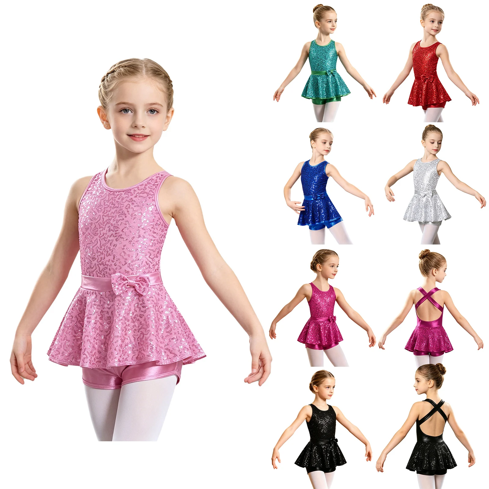 

Kids Girls Jazz Modern Dance Dress Leotard Ballet Gymnastics Figure Skating Costume Halter Sleeveless Shiny Sequins Unitards