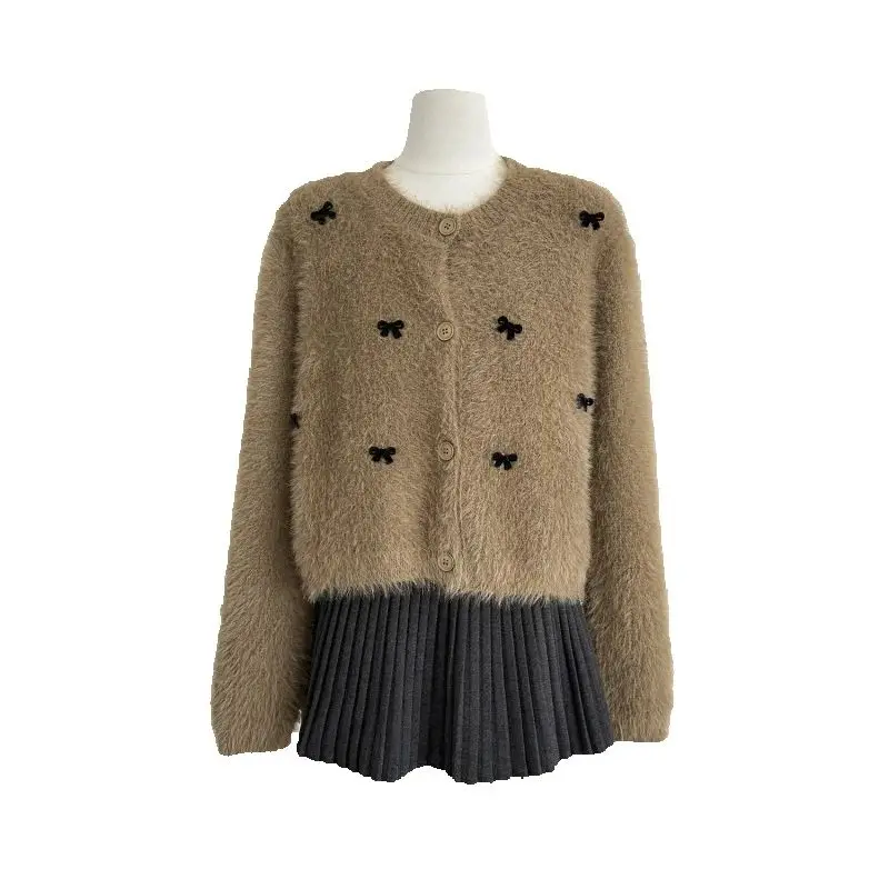 

Autumn and winter bow contrasting imitation mink velvet soft waxy single-breasted knitted cardigan age-reducing plush sweater