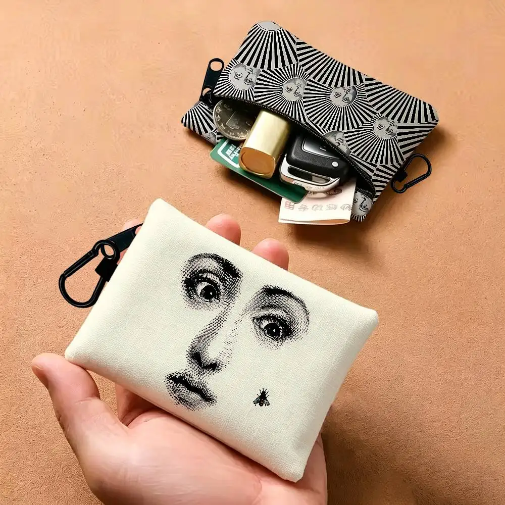 Face Art P-Piero F-Fornasetti Portable Oxford Fabric Mini Wallet Carabiner Design Small Coin Bag For Cards Keys Earphones